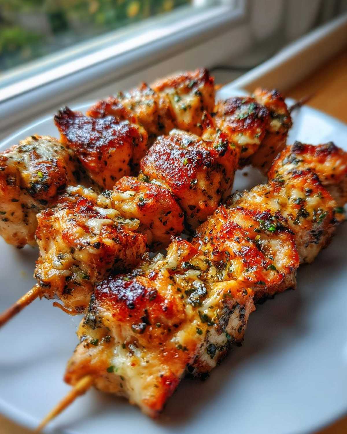 Close-up of perfectly grilled Garlic Parmesan chicken skewers resting on a white plate, showing caramelized edges.