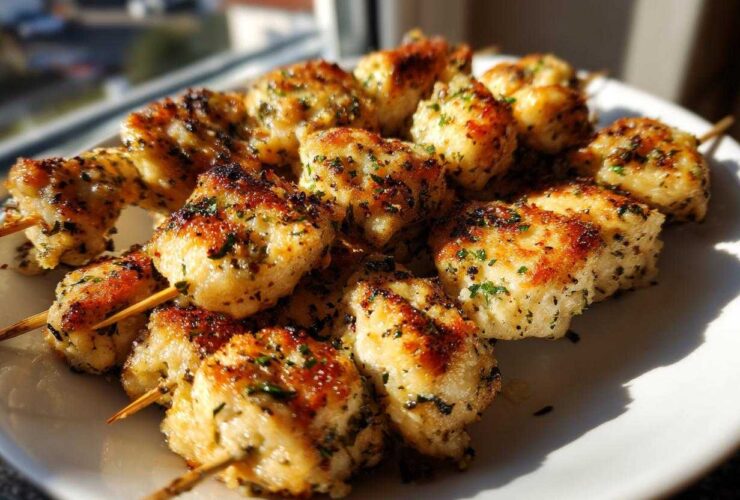 Close-up of golden brown Garlic Parmesan chicken skewers seasoned with herbs, served on a white plate.