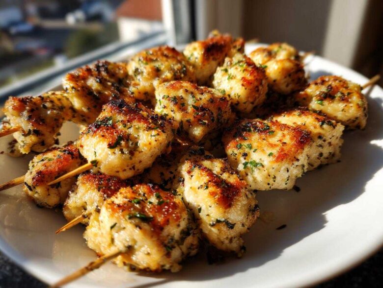 Close-up of golden brown Garlic Parmesan chicken skewers seasoned with herbs, served on a white plate.
