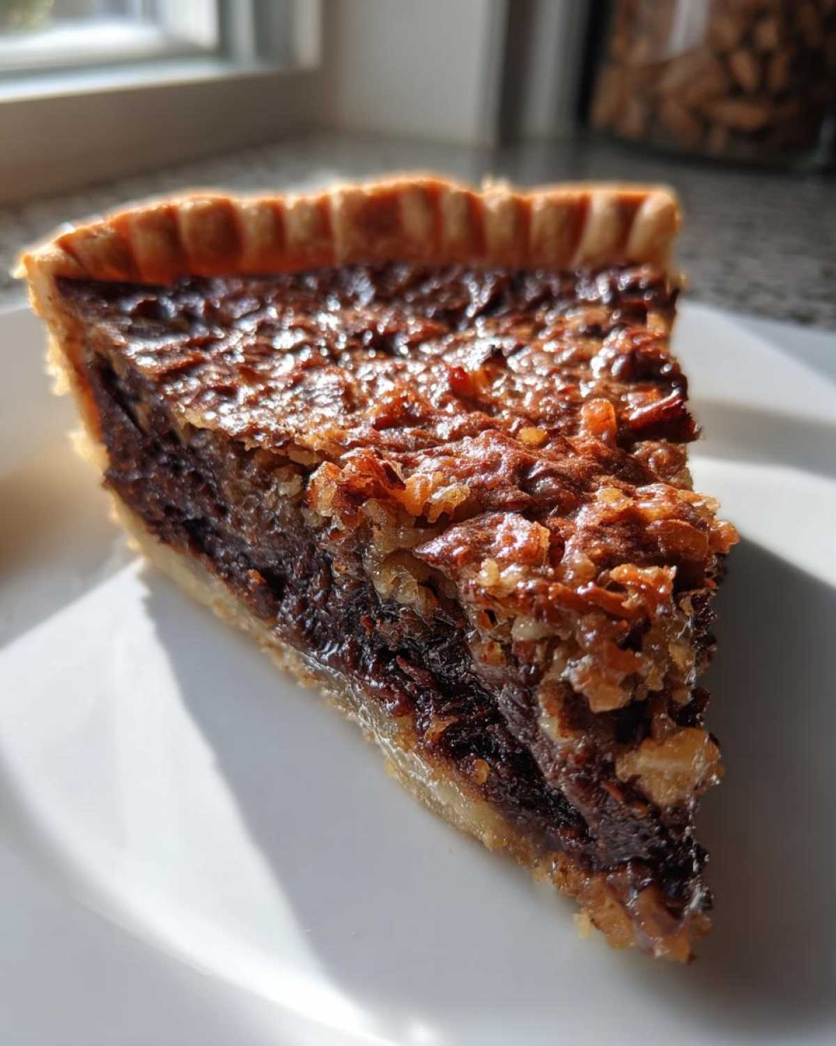 A close-up slice of rich German chocolate pie featuring a dark filling and a glossy, textured pecan topping.