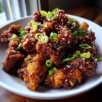 Close-up of crispy, glazed honey garlic chicken pieces topped with sesame seeds and sliced green onions.