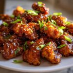 Close-up of crispy, glazed honey garlic chicken pieces topped with sesame seeds and sliced green onions.