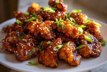 Close-up of crispy, glazed honey garlic chicken pieces topped with sesame seeds and sliced green onions.