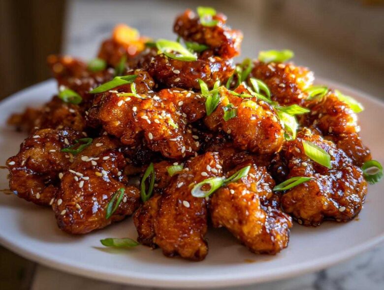 Close-up of crispy, glazed honey garlic chicken pieces topped with sesame seeds and sliced green onions.