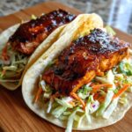 Two delicious salmon tacos filled with glazed salmon fillets and fresh coleslaw, ready to eat.