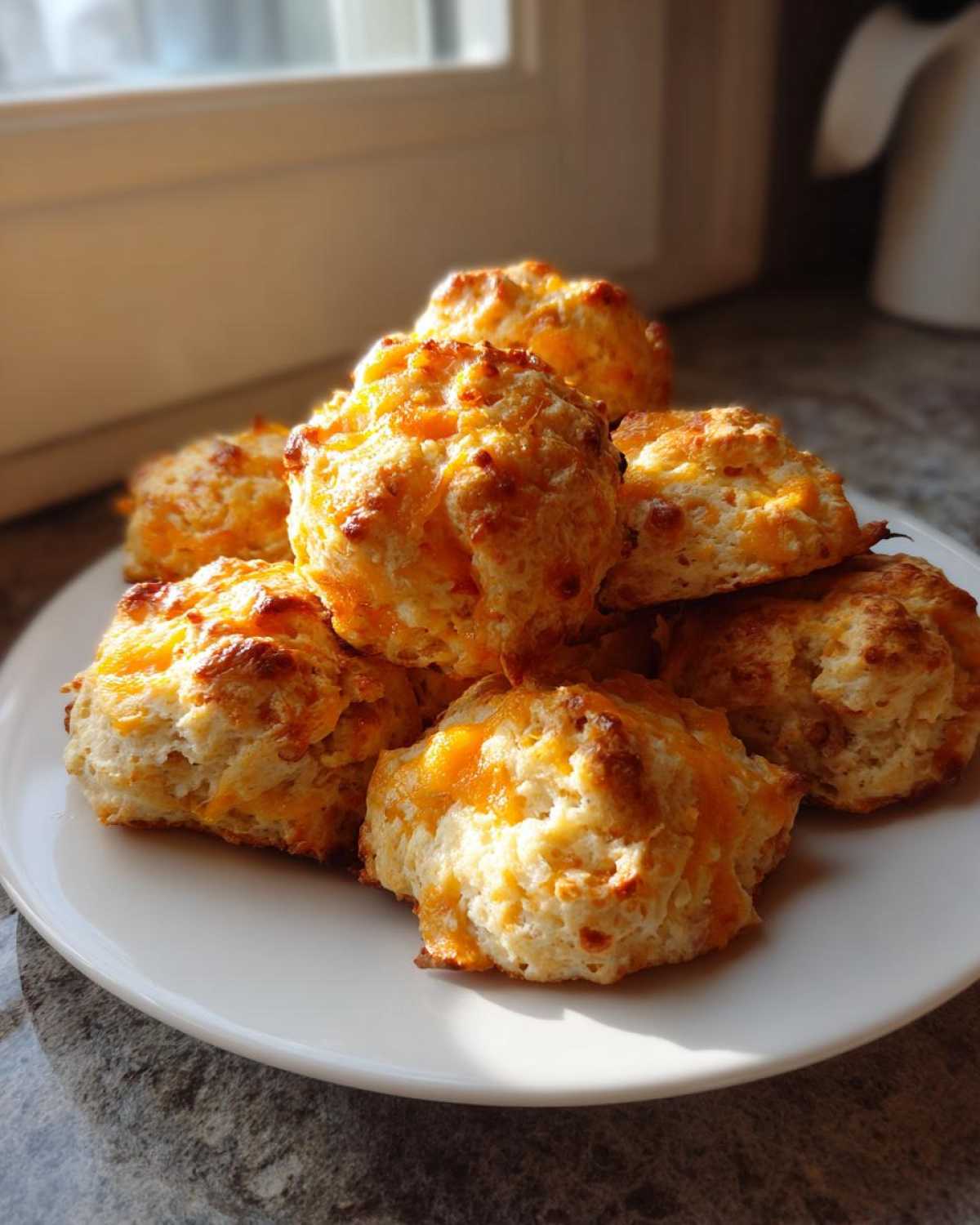 A stack of freshly baked, golden brown bisquick sausage balls topped with melted cheddar cheese on a white plate.