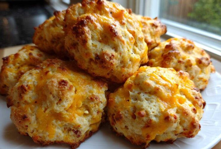 A close-up of freshly baked bisquick sausage balls piled on a white plate, topped with melted cheddar cheese.