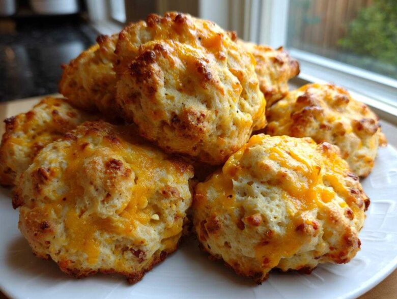 A close-up of freshly baked bisquick sausage balls piled on a white plate, topped with melted cheddar cheese.