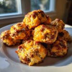A close-up stack of freshly baked, golden brown bisquick sausage balls with visible melted cheese.