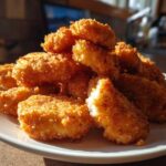 A close-up of a pile of golden, crispy homemade chicken nuggets stacked on a white plate.