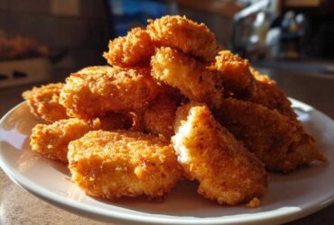 A close-up of a pile of golden, crispy homemade chicken nuggets stacked on a white plate.