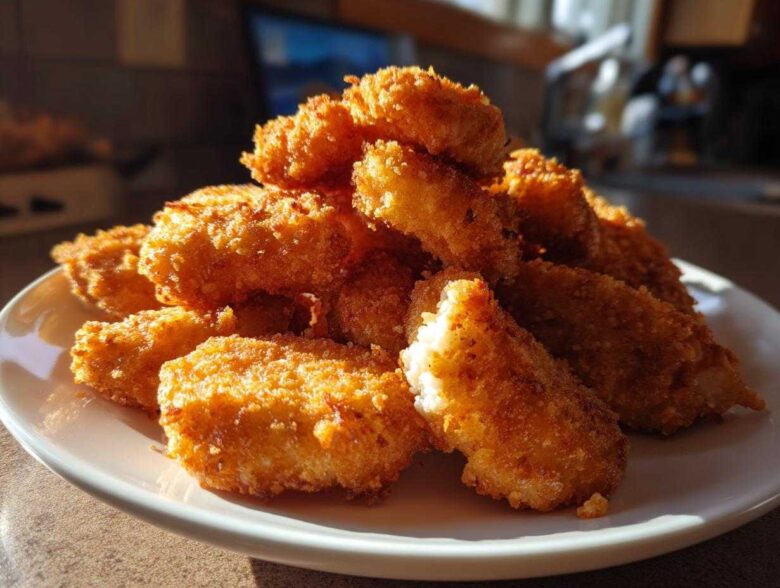 A close-up of a pile of golden, crispy homemade chicken nuggets stacked on a white plate.