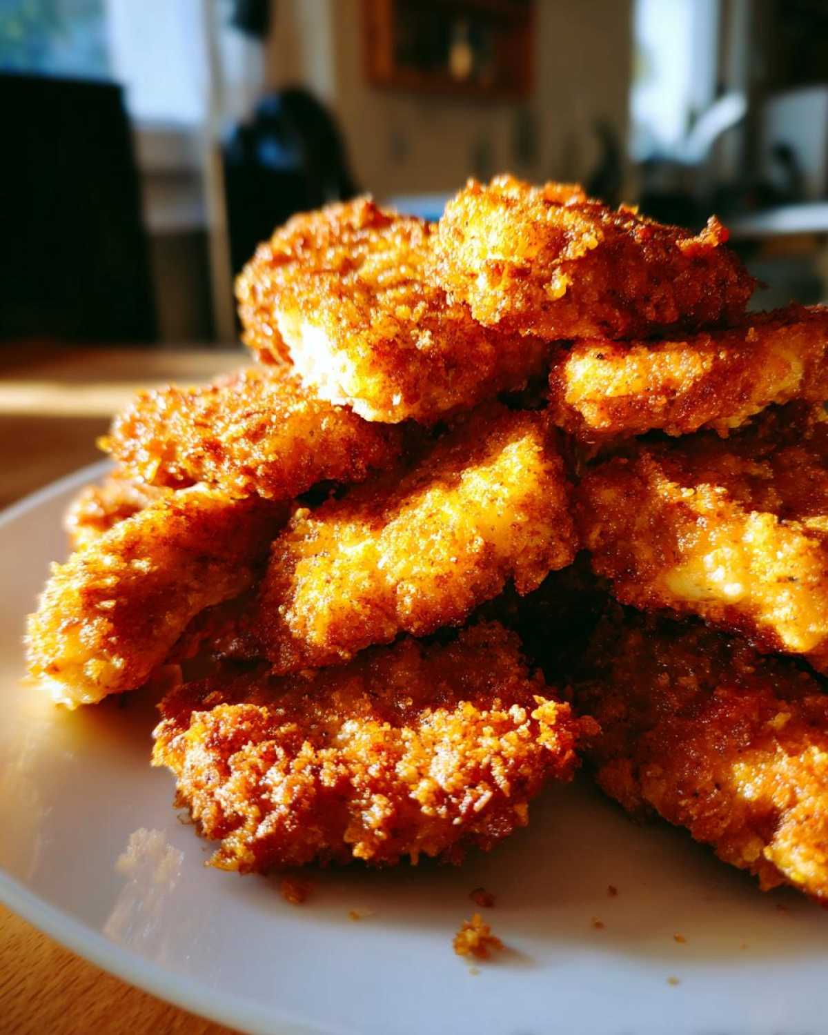 A close-up, low-angle shot of a pile of golden brown homemade chicken nuggets stacked on a white plate.