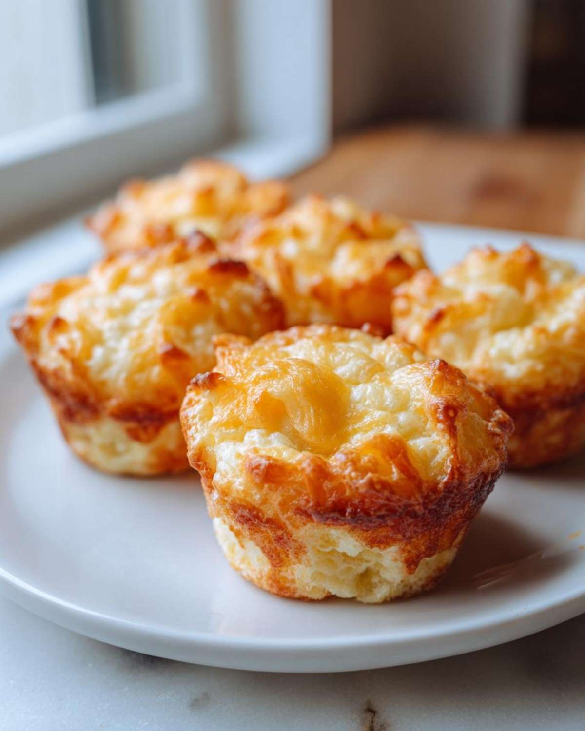 Close-up of several golden brown, cheesy protein egg bites served on a white plate near a window.