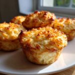 Close-up of several golden brown, fluffy protein egg bites with a cheesy, crispy top served on a white plate.
