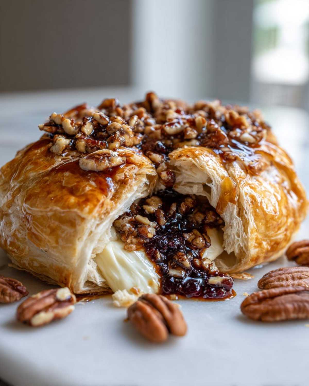 Close-up of baked brie wrapped in flaky pastry, oozing melted cheese and topped with sticky pecans.