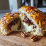 A close-up of gooey baked brie wrapped in flaky pastry, cut in half, showing melted cheese and jam, with pecans nearby.