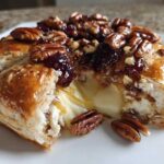 Close-up of baked brie wrapped in puff pastry, oozing cheese, topped with pecans and a sticky glaze.