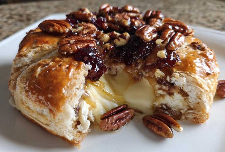 Close-up of baked brie wrapped in puff pastry, oozing cheese, topped with pecans and a sticky glaze.
