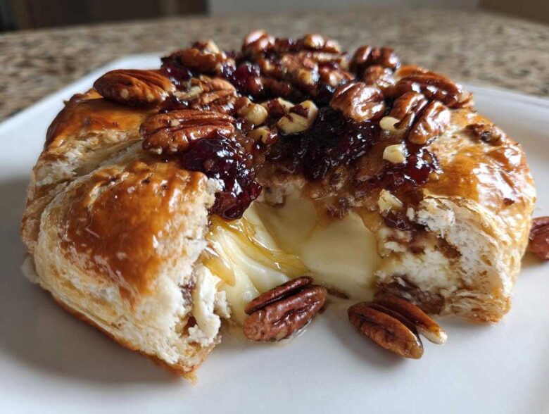 Close-up of baked brie wrapped in puff pastry, oozing cheese, topped with pecans and a sticky glaze.