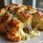 Close-up of gooey, melted cheese bread pulling apart, topped with golden crust and fresh parsley.