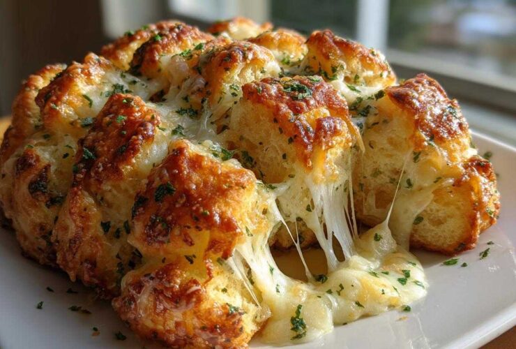 Close-up of gooey, melted cheese bread pulling apart, topped with golden crust and fresh parsley.