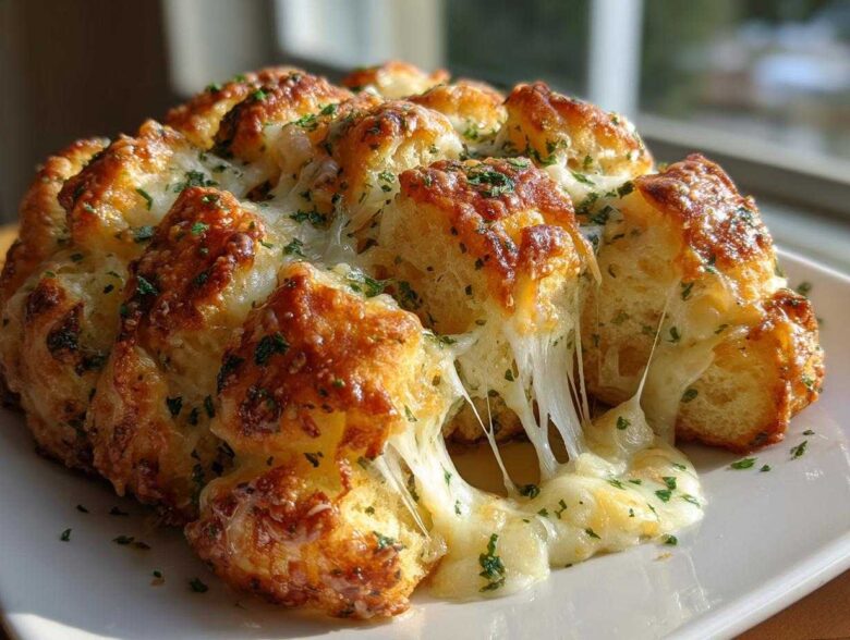 Close-up of gooey, melted cheese bread pulling apart, topped with golden crust and fresh parsley.