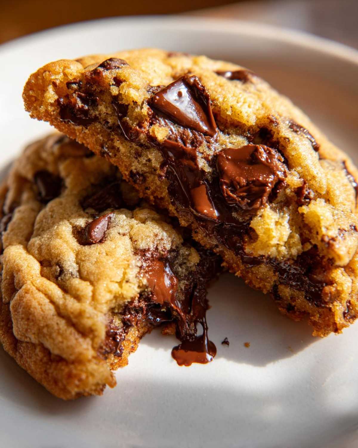 Close-up of a warm chocolate chip cookie broken in half, showing melted, gooey chocolate chips.