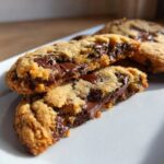 Close-up of a chocolate chip cookie broken in half, showing melted chocolate chips inside.