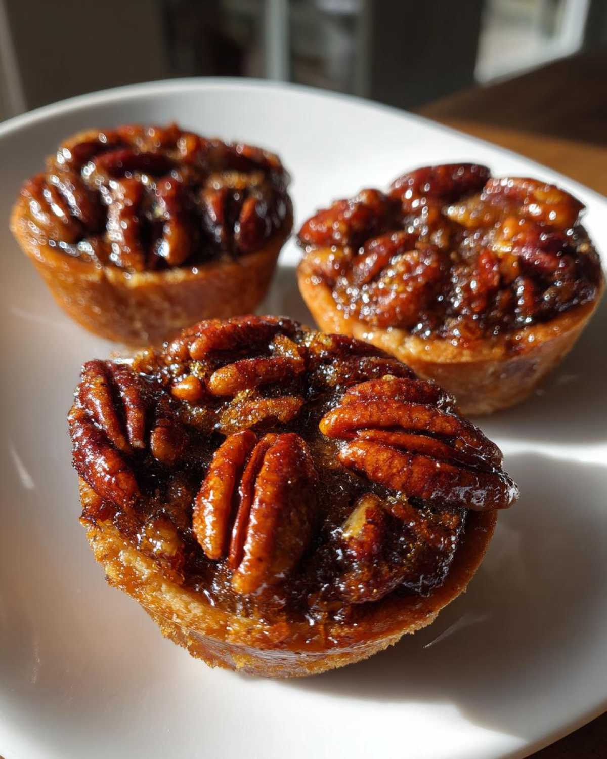 Close-up of three freshly baked, gooey mini pecan pies topped with whole pecans, sitting on a white plate.