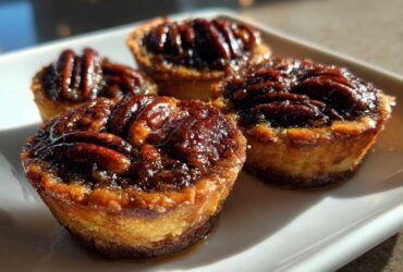 Four glistening, freshly baked mini pecan pies with caramelized pecan topping resting on a bright white serving dish.