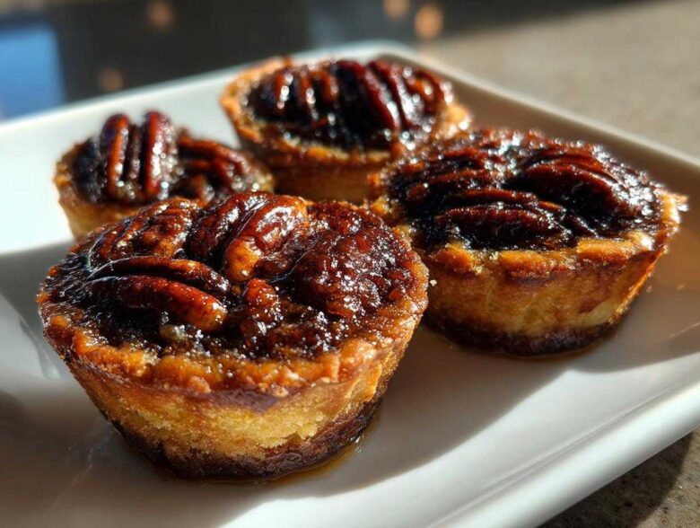 Four glistening, freshly baked mini pecan pies with caramelized pecan topping resting on a bright white serving dish.