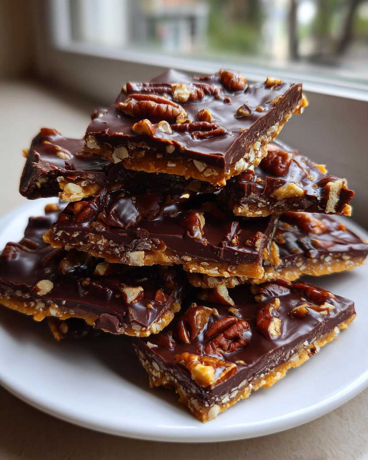 A stack of rich graham cracker toffee squares topped with melted chocolate and pecans on a white plate.