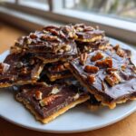 A pile of homemade graham cracker toffee pieces topped with melted chocolate and pecans, served on a white plate.