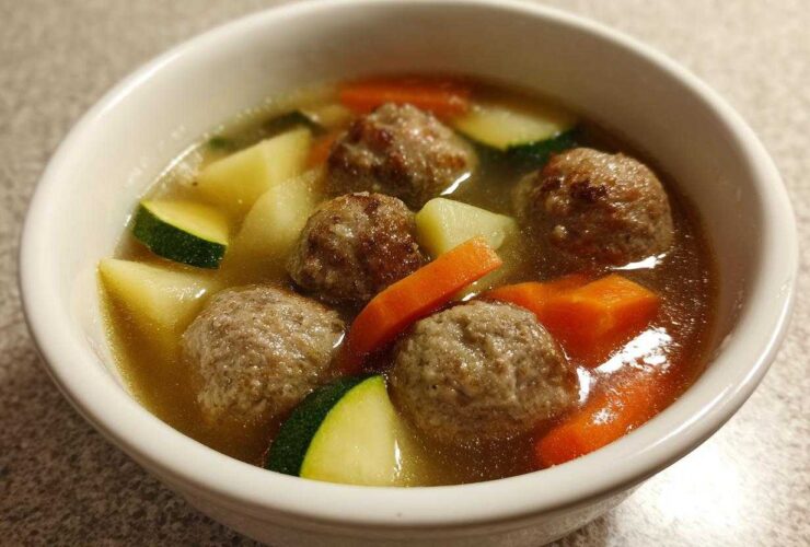 Close-up of a white bowl filled with savory albondigas soup featuring meatballs, carrots, zucchini, and potatoes.