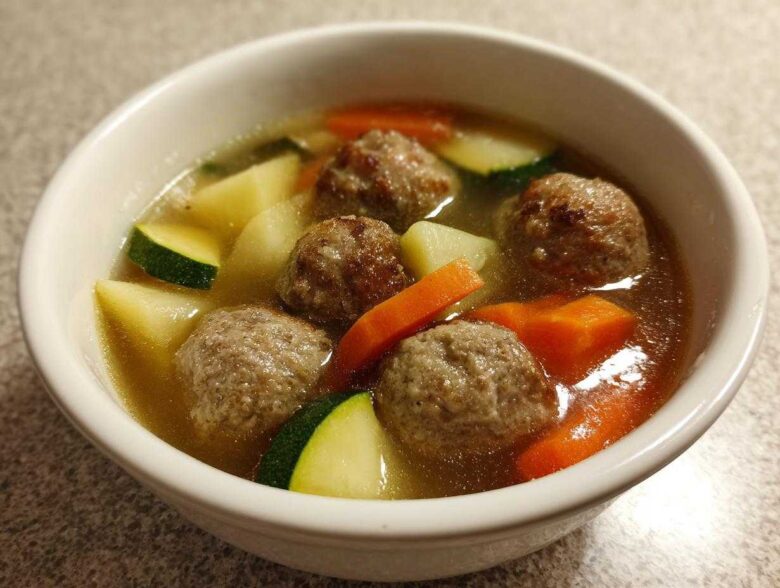 Close-up of a white bowl filled with savory albondigas soup featuring meatballs, carrots, zucchini, and potatoes.