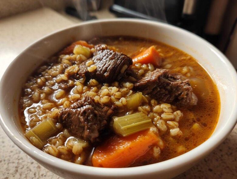 Close-up of a steaming white bowl filled with hearty beef barley soup, showing chunks of beef, carrots, celery, and barley.