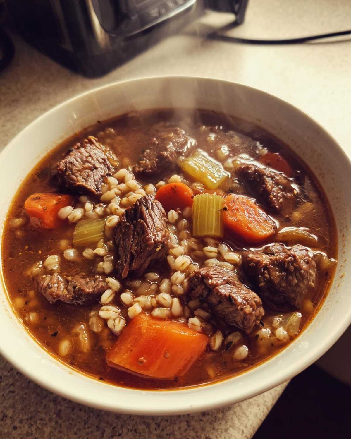 Close-up of a steaming white bowl filled with hearty beef barley soup, featuring chunks of beef, carrots, celery, and barley.
