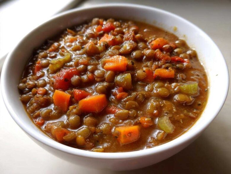 Close-up of a thick, hearty lentil soup filled with diced carrots and celery in a white bowl.