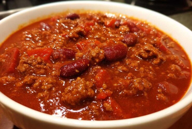 Close-up of a hearty bowl of rich, red high protein chili loaded with ground meat and kidney beans.