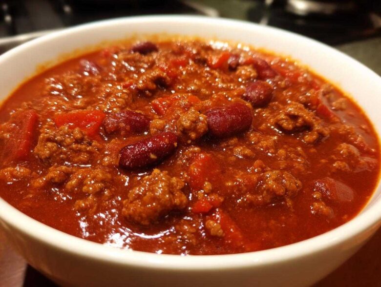 Close-up of a hearty bowl of rich, red high protein chili loaded with ground meat and kidney beans.