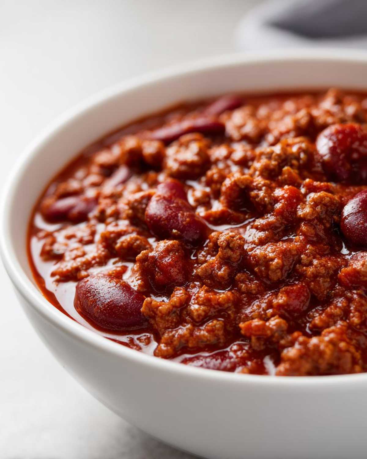 Close-up of a rich, red bowl filled with hearty high protein chili featuring ground meat and kidney beans.