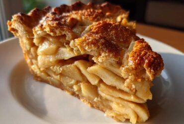 Close-up of a thick slice of homemade apple pie showing layered, spiced apples and a golden, sugared crust.