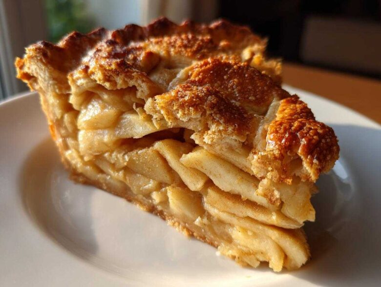 Close-up of a thick slice of homemade apple pie showing layered, spiced apples and a golden, sugared crust.