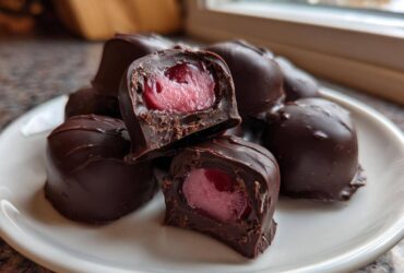A pile of rich, dark chocolate covered cherries, with two cut open to show the bright red cherry filling inside.