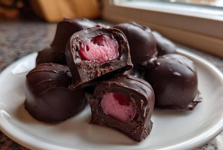 A pile of rich, dark chocolate covered cherries, with two cut open to show the bright red cherry filling inside.