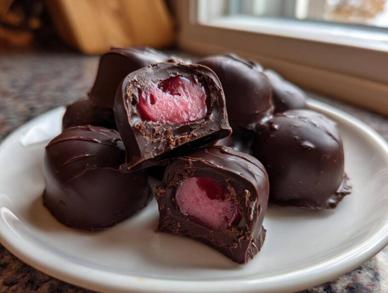 A pile of rich, dark chocolate covered cherries, with two cut open to show the bright red cherry filling inside.