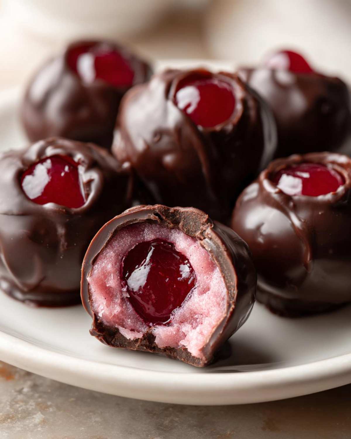 A close-up of several homemade chocolate covered cherries on a white plate, one is cut open revealing the cherry filling.