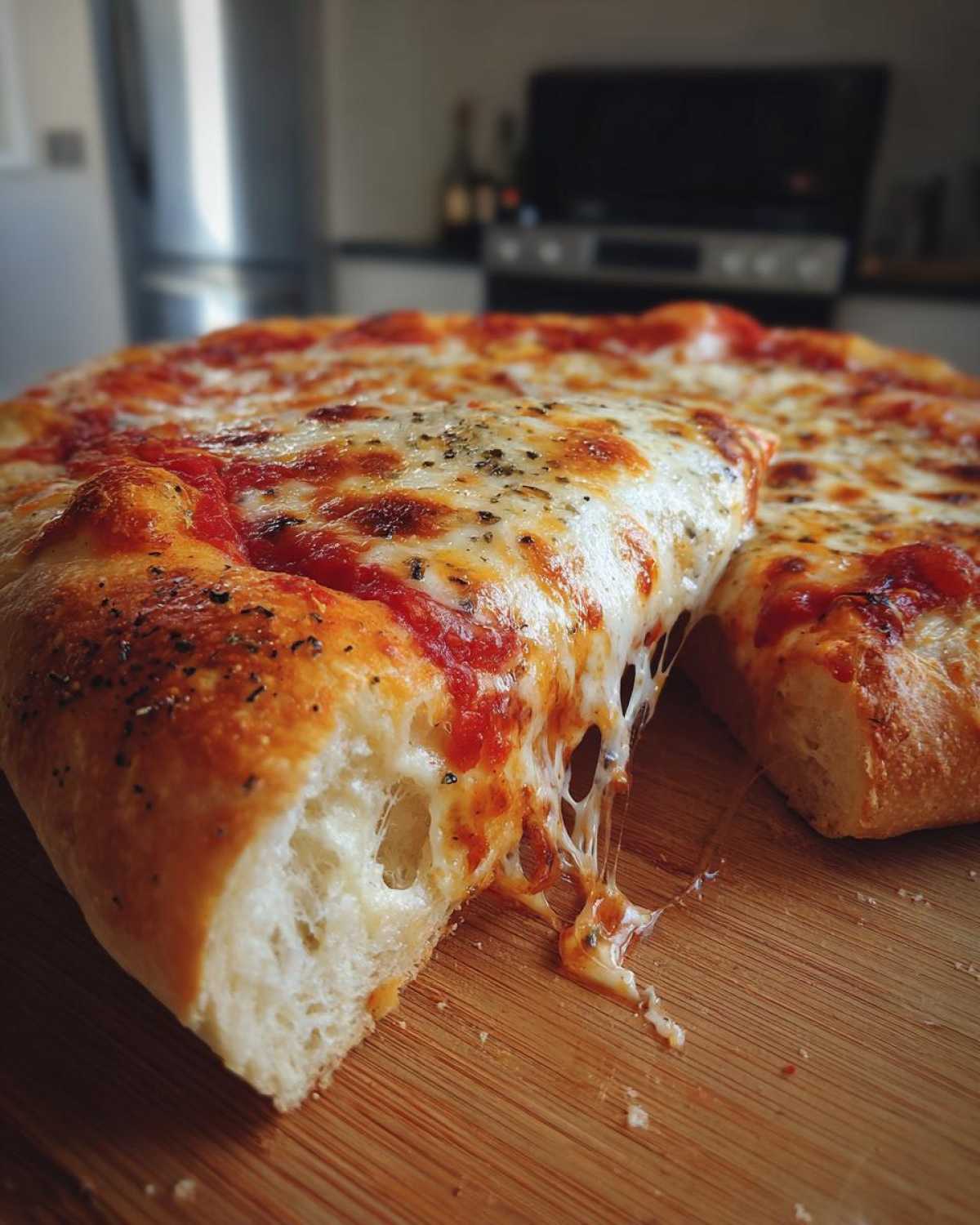 A slice of homemade pizza being pulled away, showing a dramatic cheese pull and thick crust.