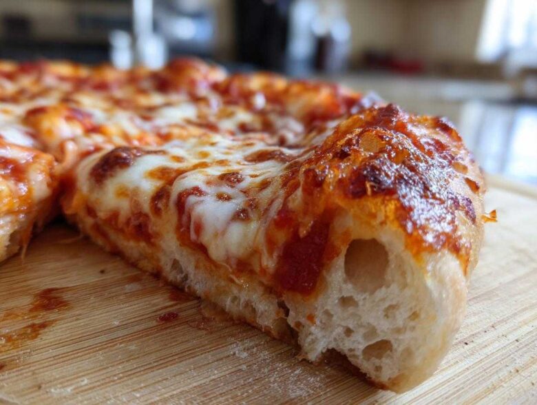 Close-up of a thick, airy slice of homemade pizza showing melted cheese and bubbly crust.
